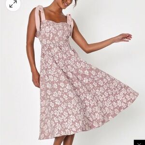 Lulu’s Bubbly Bliss Mauve Pink Jacquard Bustier Tie-Strap Midi Dress